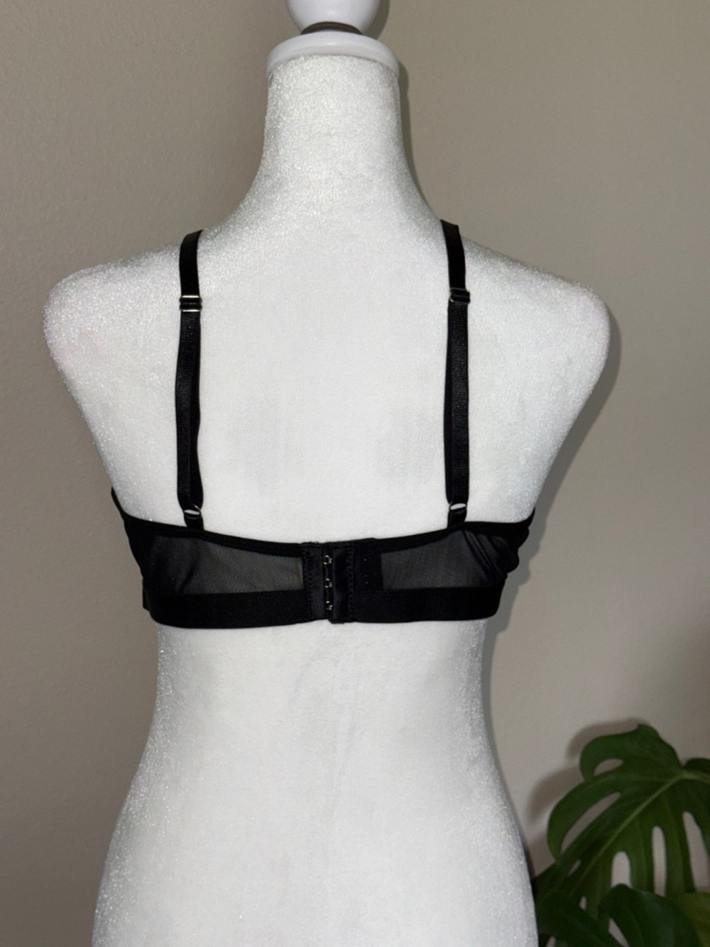 Black Strappy Faux Leather & Sheer Bra — Women Intimates, XL - Picture 3 of 6